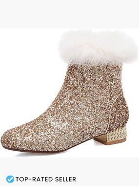Low Heel Sequin Ankle Boots Sparkly Glitter Booties Chunky Heel Zip Closure